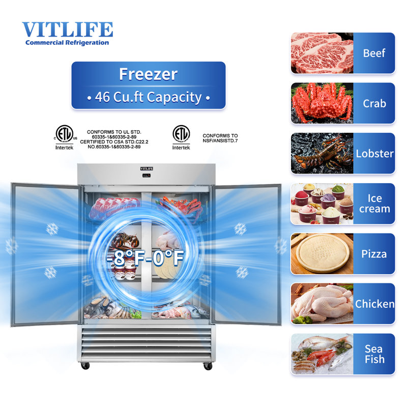 VITLIFE 54" W Commercial Reach-in Freezer, Double doors, Auto-Defrost, 46 cu. ft. Bottom Mounted, Stainless Steel Upright Freezer for Restaurant, Bar, Shop, -8°F to 0°F 