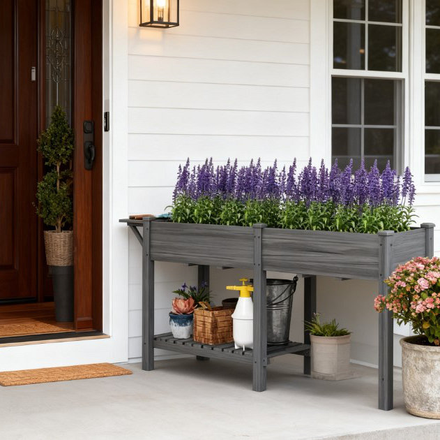 Elevated Garden Bed,Wood Raised Garden Box,With Side Table,Bottom Shelf,Bed Liners And Drainage Holes, Gray