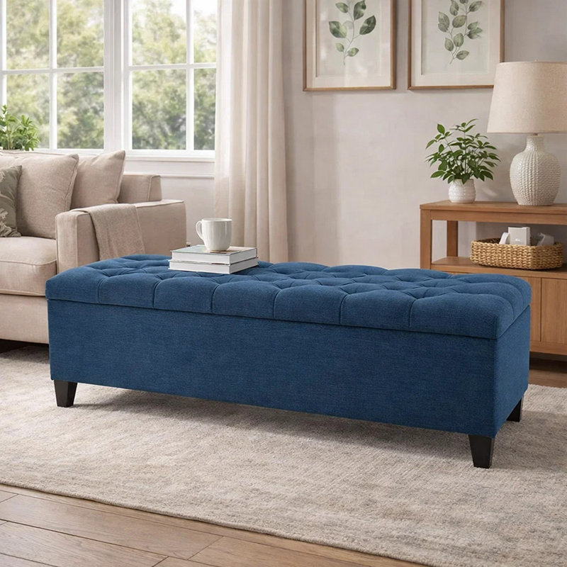 Banc de rangement en tissu Amalfi, Polyester bleu foncé, 17" H x 51" W x 17.5" D