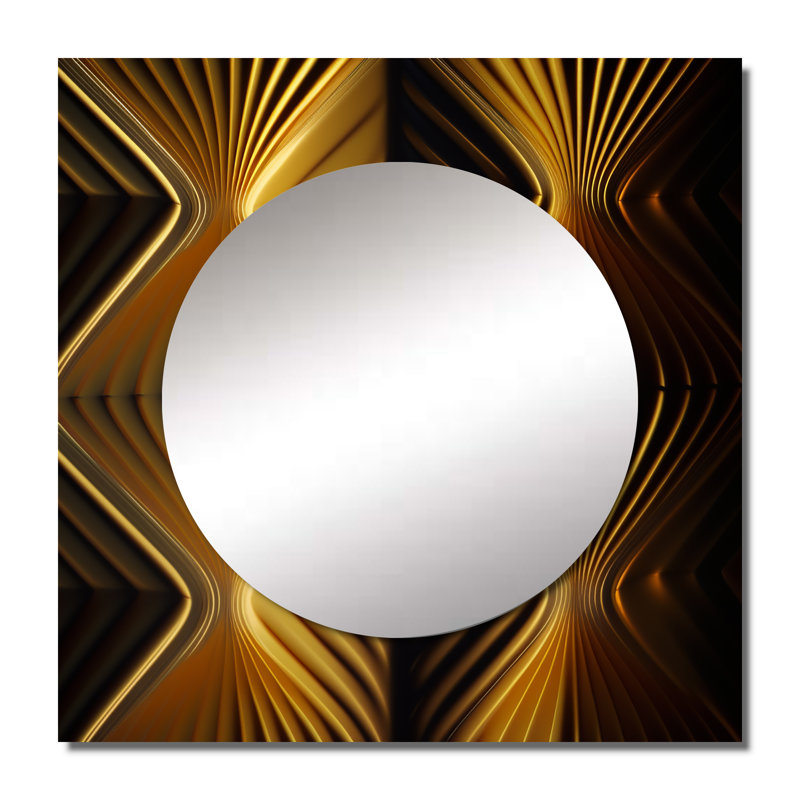 Op-Art Retro Gold Geometric Dimensions I - Abstract Spirals Square Mirror Wall Art For Bathroom, 36" x 36"