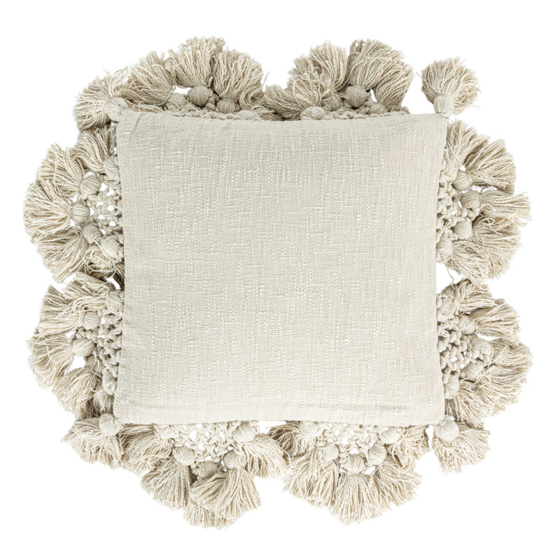 Cotton Slub Pillow with Crochet and Tassels, Gray