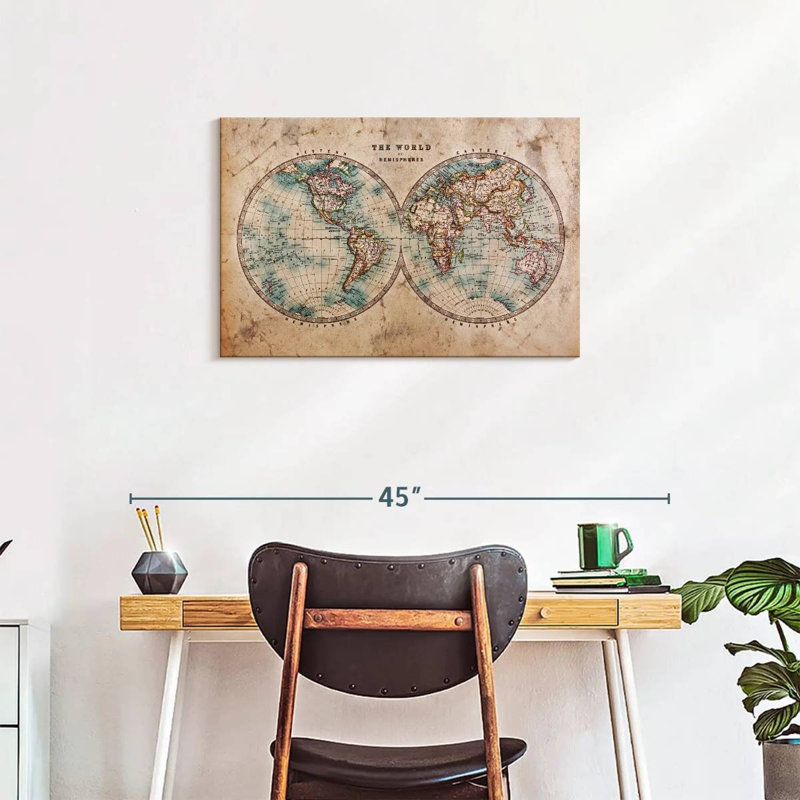 «Vintage Map Hemisphere Map», reproduction sur toile, H 20 po x l 30 po x P 1,25 po