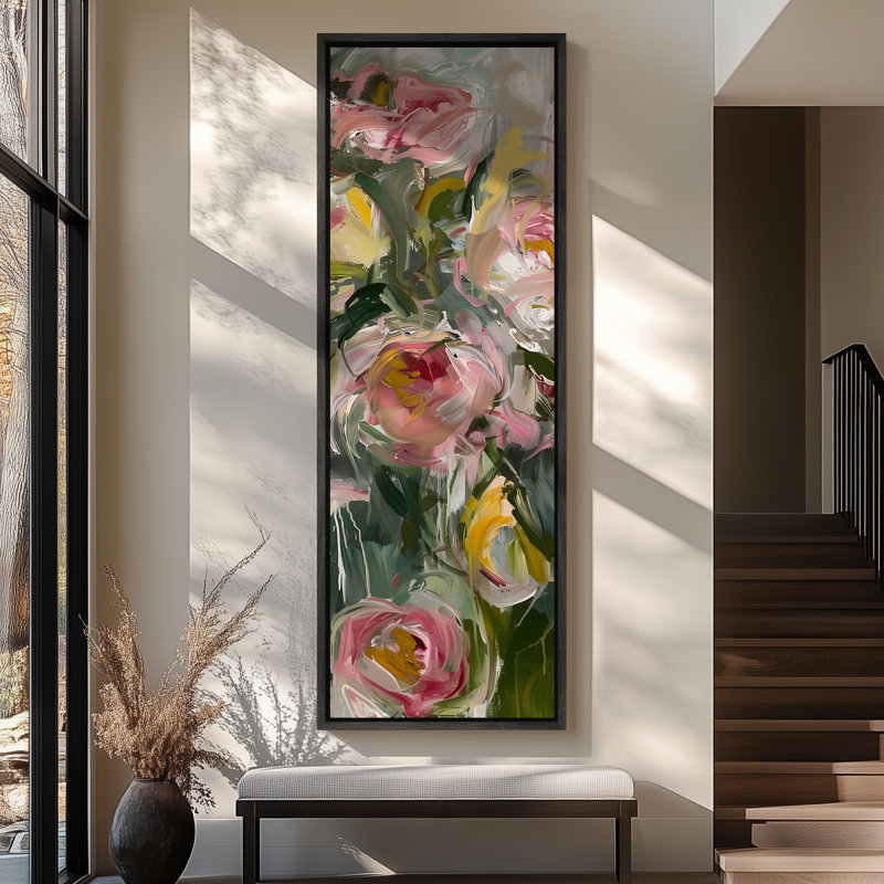 Doux bouquet floral abstrait rose - grande impression sur toile encadrée de la chambre principale, Noir