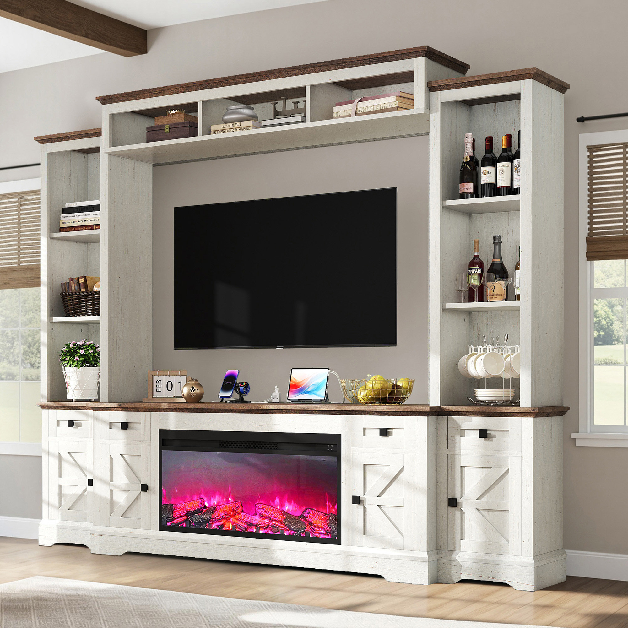 August Grove® Donyell Farmhouse 98" Wall Unit Entertainment Center For Tvs Up To 78" & Reviews | Wayfair