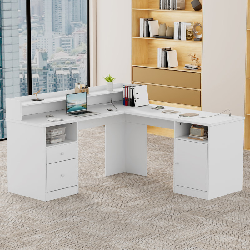 Bureau d'ordinateur en L avec lumières DEL et prises de courant, Blanc