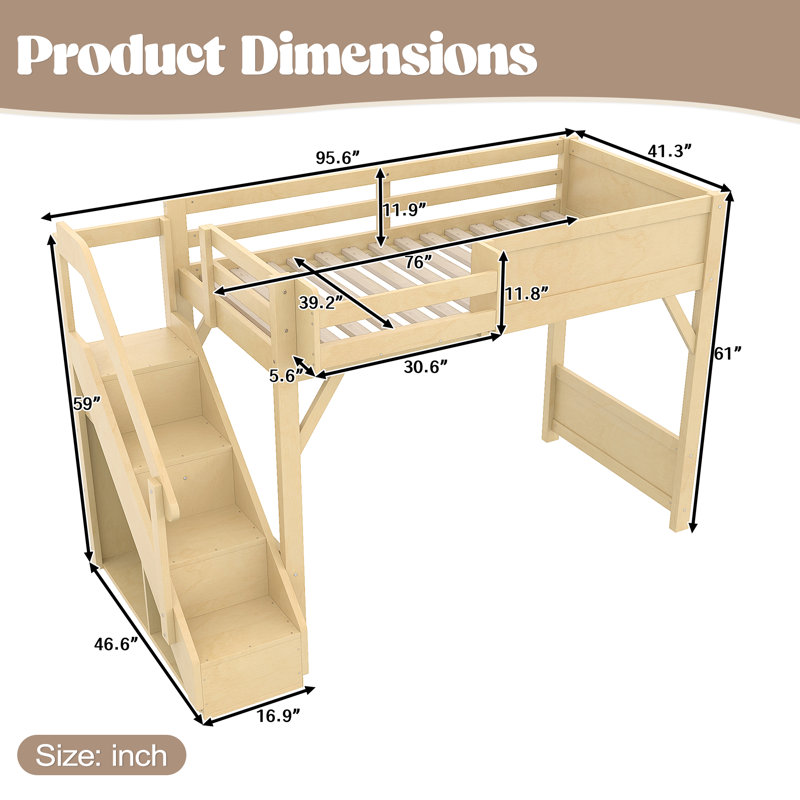 Twin Size Solid Wood Loft Bed with Built-in Wardrobe, Storage, Guardrails & Stairs, Natural, Natural, Twin