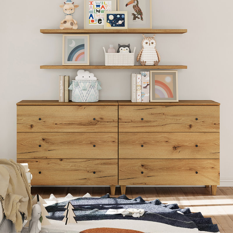 71"W Kids Dresser With 6 Drawers For Children's Room, 2-In-1 Dresser For Bedroom, Light Oak