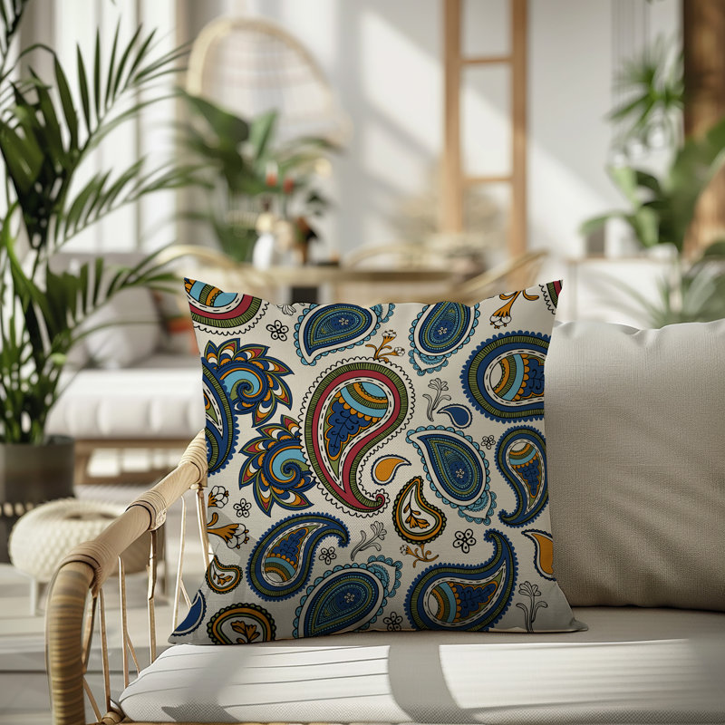 Coussin intérieur / extérieur réversible Hema Paisley, Bleu / vert / rouge / orange, Carré 19 po