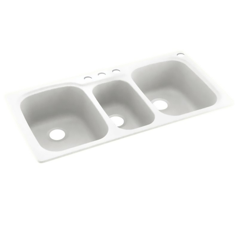 44'' L Triple Bowl Solid Surface Kitchen Sink, White, 4 Hole