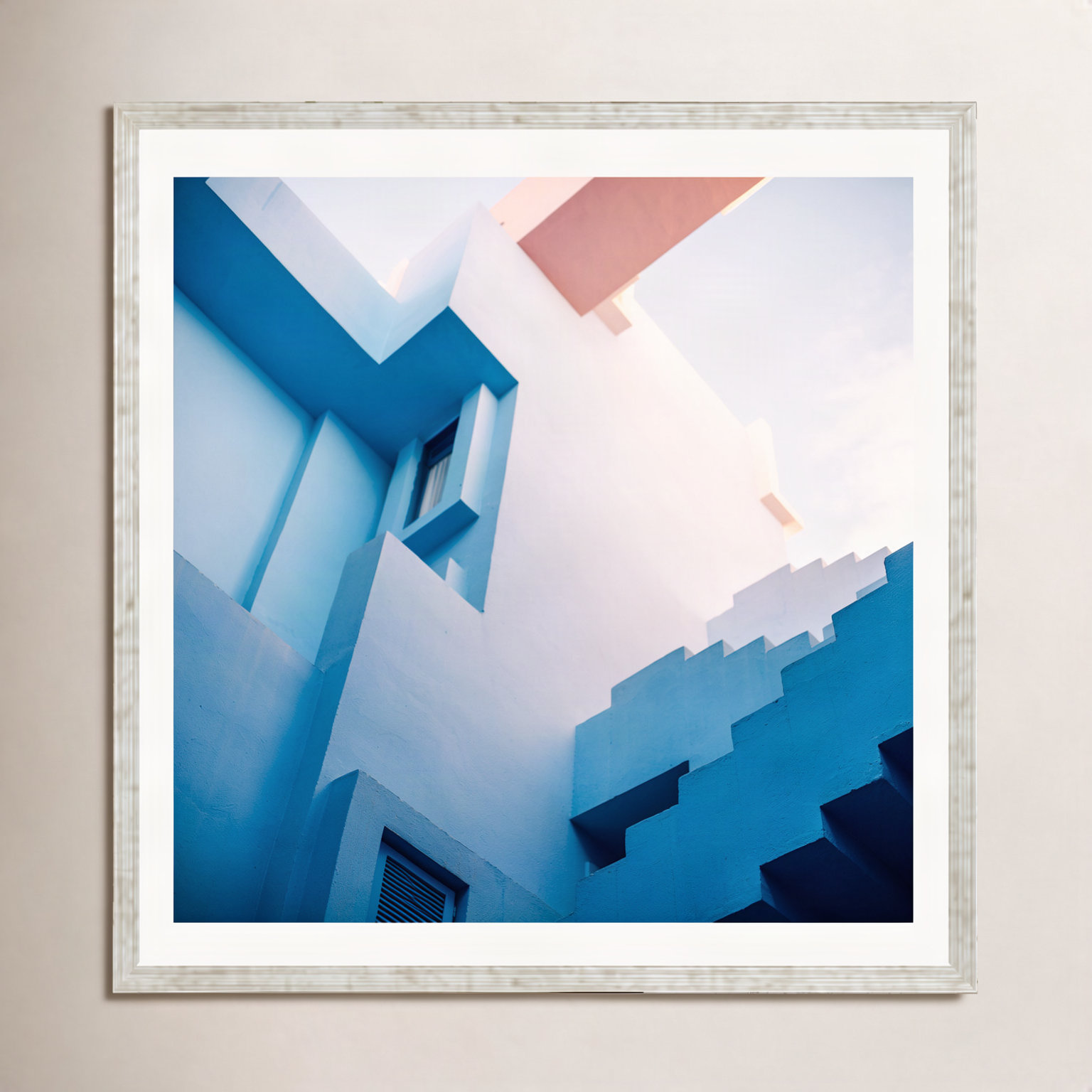 Muralla Roja Blue And Pink Geo by Raisazwart, 36" H x 36" W x 2" D, Silver Floater Framed, No