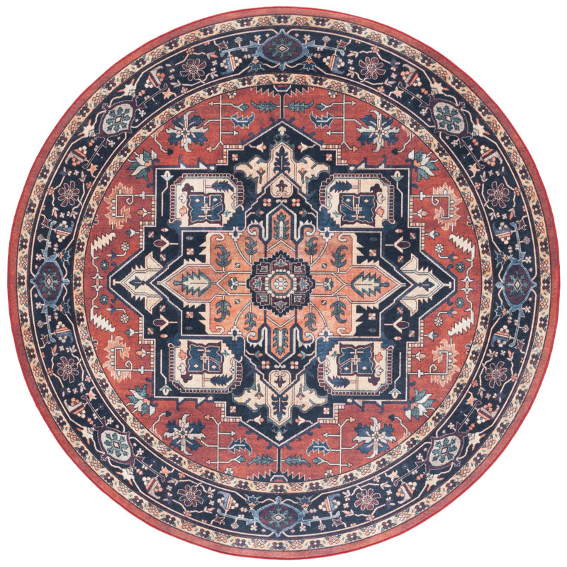 Willamae Orlando Felt/Velvet/Laminated Film Machine Washable Southwestern Rug in Rust/Blue, Round 6'7"