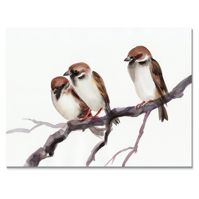 Trois moineaux sur une branche - peinture sur toile, Toile tendue, H 24 po x l 32 po