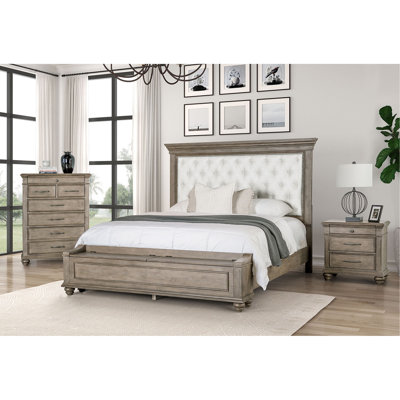 Mobilier de chambre à coucher formel Ensemble de 3 pièces pour grand lit avec table de chevet et coffre en chêne vieilli avec rangement rembourré en tissu beige
