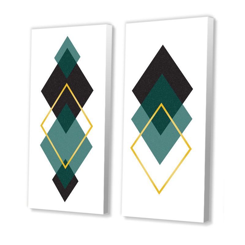 «Abstract Geometrics in Green and Gold II», ensemble de 2 peintures, Toile tendue, H 20 po x l 24 po x P 1 po