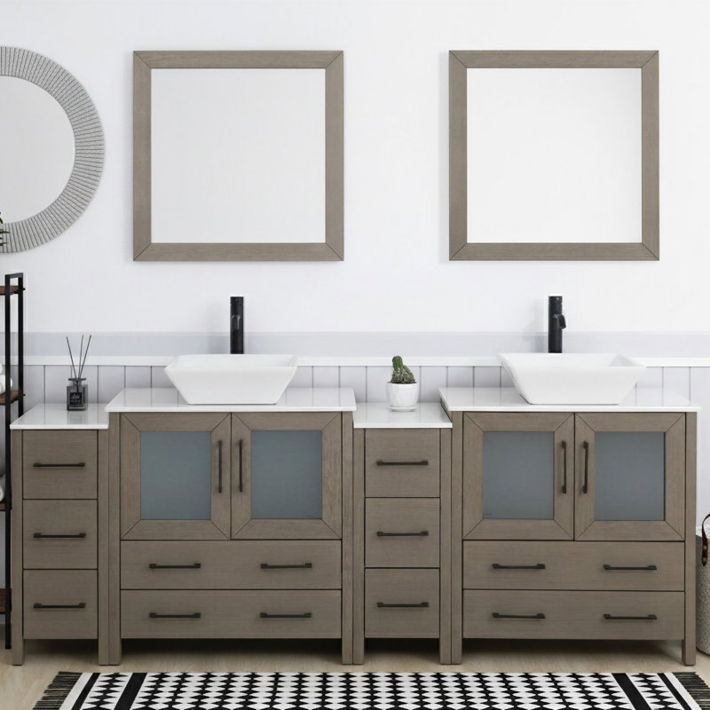  Modern 84" Freestanding Double Sink Bathroom Vanity with Engineered Marble Top and Matching Mirrors, Dark Gray