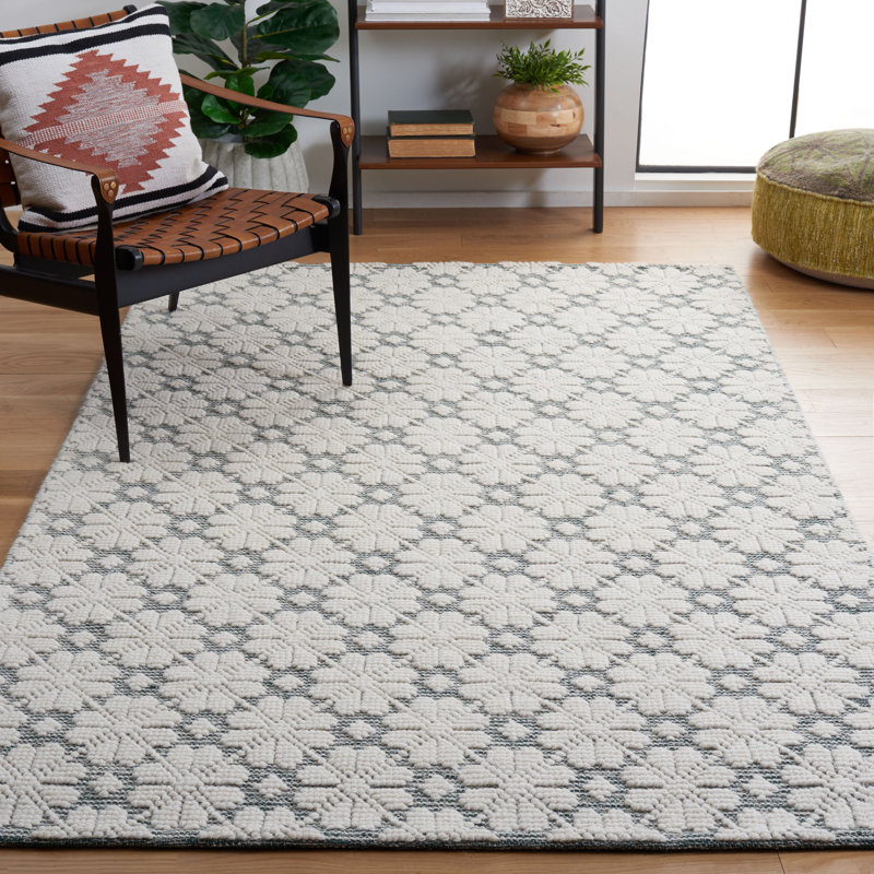Tapis ivoire / vert en laine tissé à la main Sharene, Rectangle 8 pi x 10 pi