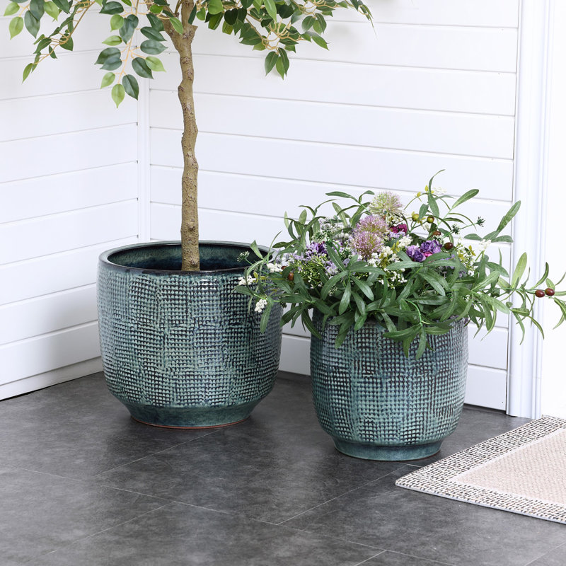 Ocean Round Ceramic Planter, 13.98" H x 15.75" W x 15.75" D, Green/Gray