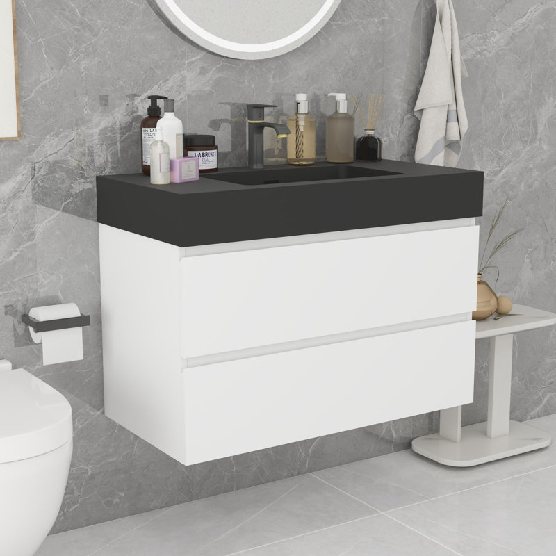 Meuble-lavabo moderne avec lavabo, Blanc, Noir