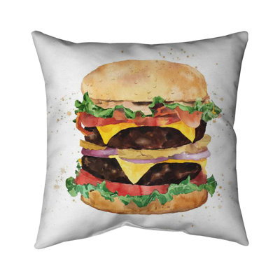Watercolor All Dressed Double Cheeseburger Outdoor Pillow | Beige