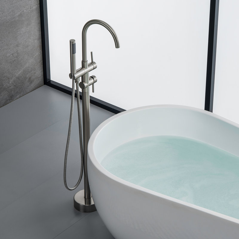 Robinet de baignoire autoportant moderne en acier inoxydable H 45-1 / 2 "avec bec rotatif et douche à main, Nickel brossé