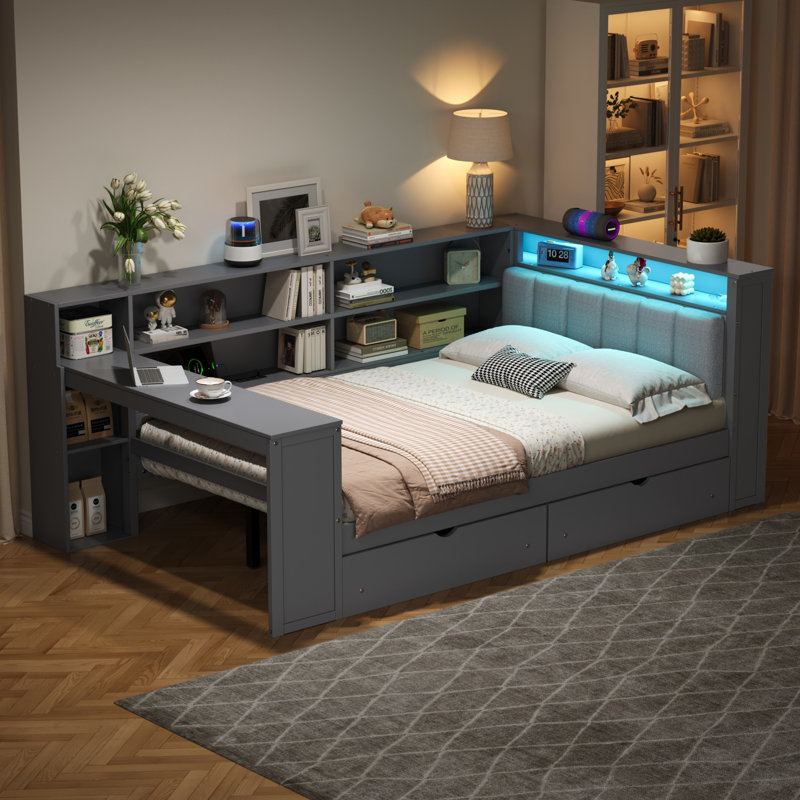  Lit plateforme double avec tête de lit à DEL, station de charge et rangement, gris, Gris