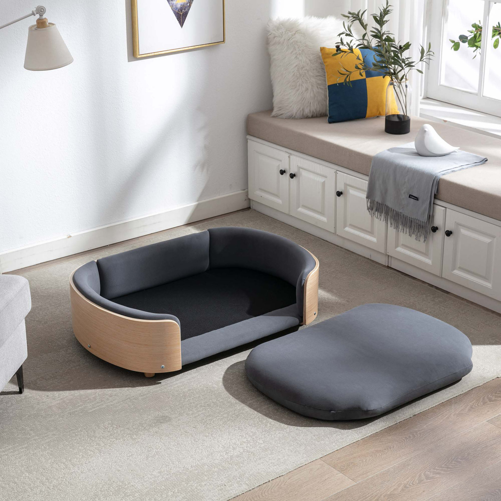 Inira Pet Bed, Dark Gray/Natural, 38.58" W x 26.77" D x 11.02" H