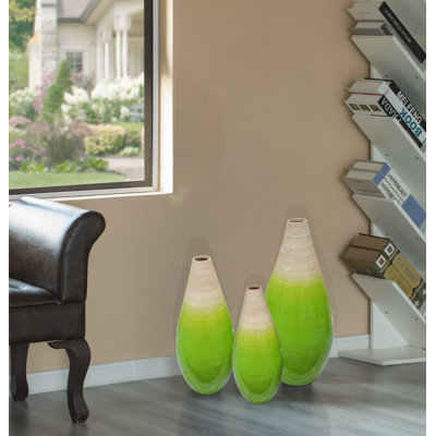 Ensemble de 3 vases en forme de goutte de bambou contemporain pour salle à manger, salon, décoration de vestibule, remplissez-le de branches ou de fleurs séchées, ensemble de 3 verres verts