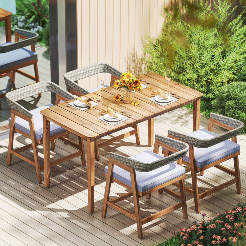  5PCS Patio Dining Set Solid Wood Furniture w/ Rattan Backrest & Seat Cushions