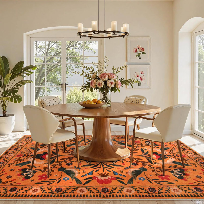 Goldene Boho Washable Botanical Orange Area Rugs for Living Room, Low-Pile Floral Rug with Non Slip Backing For Bedroom Dining Room