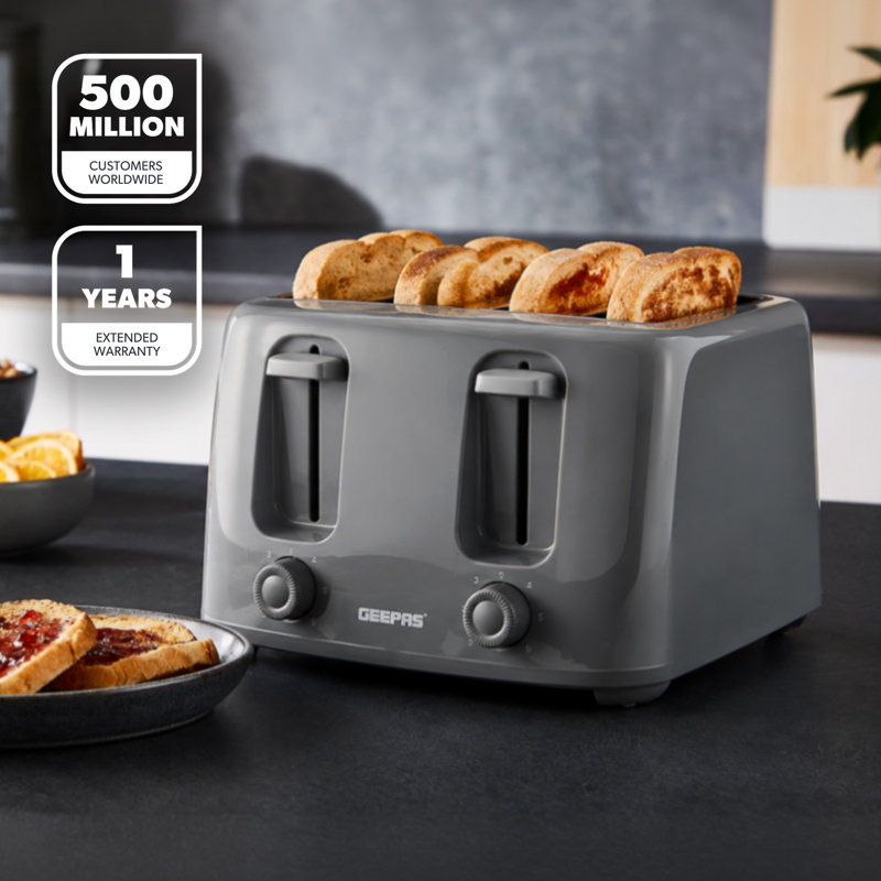 GEEPAS 4 Slice Toaster | 6 Browning Levels with Cancel Function | For Thin Small Bread Slice | 2 Independent Controls 2 Removable Crumb Trays Cool Touch High Lift | 1 Yr Warranty 1400W