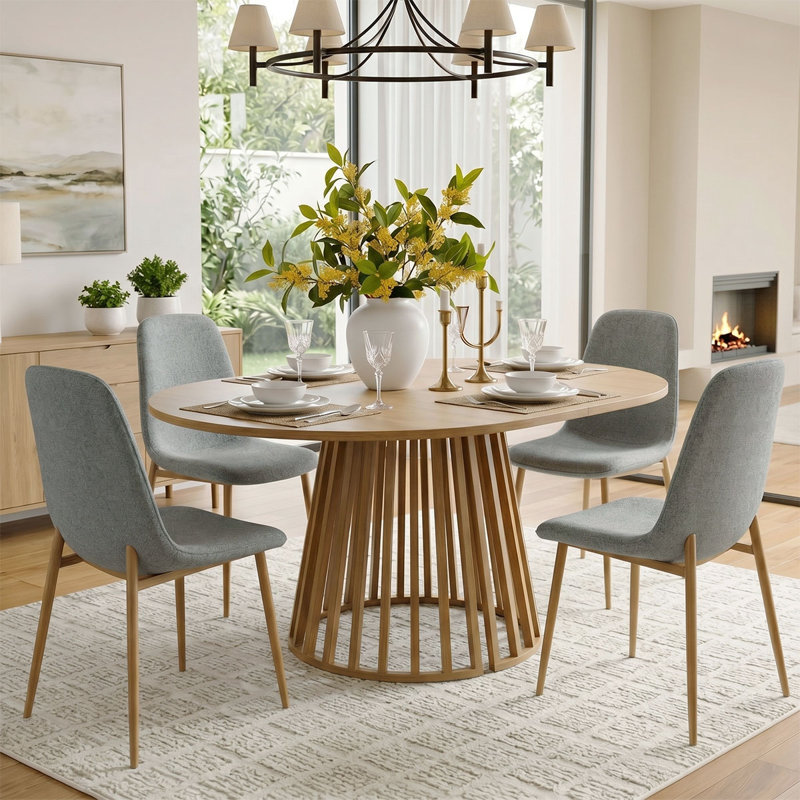 4- Person Dining Table Sets With Extendabe Oval Table & 4 Upholstered Dining Chairs, Gray