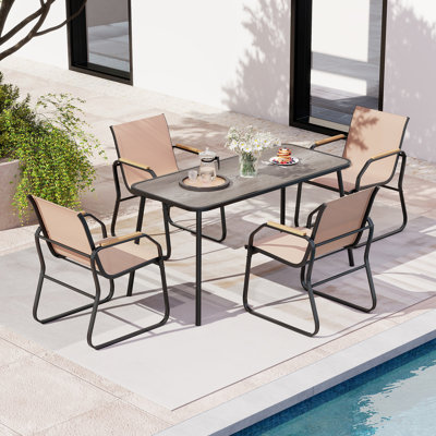 5 PCS Patio Dining Set w/ Wood-like Armrests & Metal Frame for Garden Yard