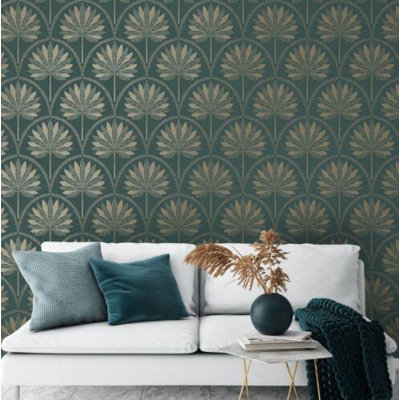 Alstrom Dusky Blue Metallic Gold and Teal Tropical Palm Tree Leaves Feature Wallpaper 10m x 53cm Roll