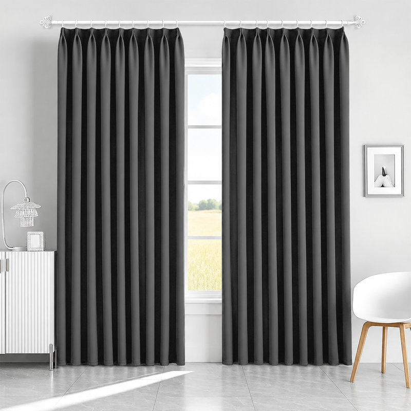 Blackout Pencil Pleat Curtains - Thermal Insulated, Light Blocking Window Drapes, Dark Grey, 228cm Width x 228cm Drop