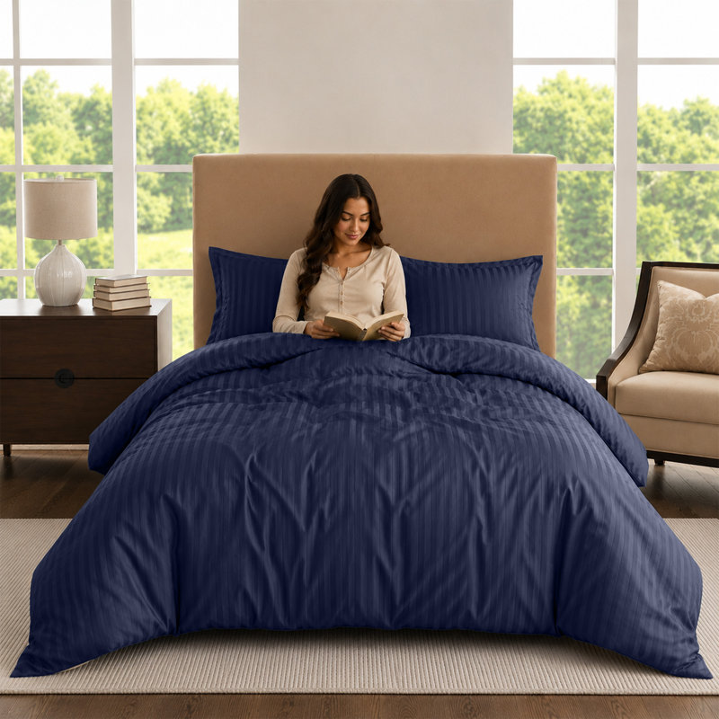 Florane Microfibre 250 TC Reversible Modern & Contemporary Stripe Duvet Cover Set with Pillow, Navy