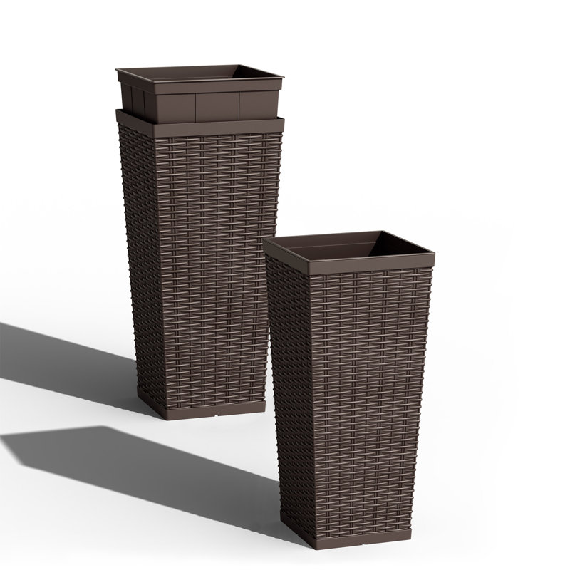 2-piece Premium Imitation Rattan Plastic Planters With Drainage Holes, Tall Planter Pots For Indoor & Outdoor Use, Brown