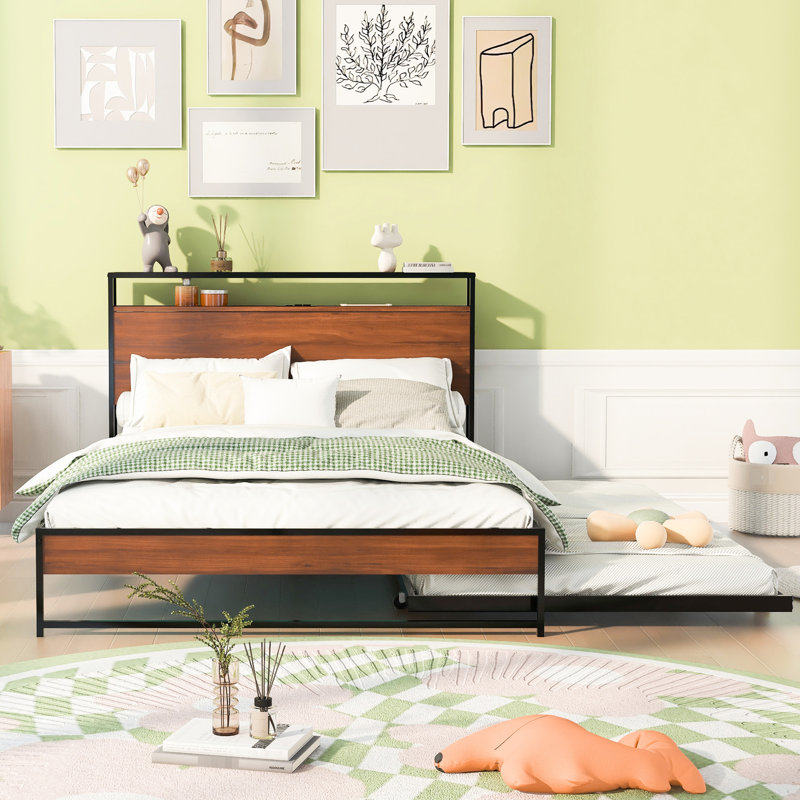 Full Size Metal Platform Bed Having Trundle, Ports, And Slat Support. Black. Strong No Box Spring Required For Bedroom Furniture Style Decoration Design Robust Space