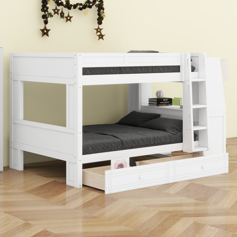 Lit superposé multifonctionnel avec bureau, tablettes de rangement et tiroirs, Blanc