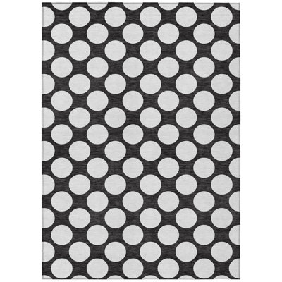 5' X 8' Black And Ivory Polka Dot Washable Indoor Outdoor Area Rug