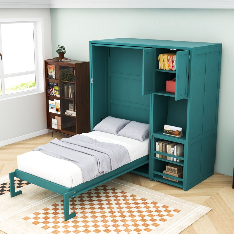 Lit escamotable simple en bois avec bureau et étagères, Sarcelle
