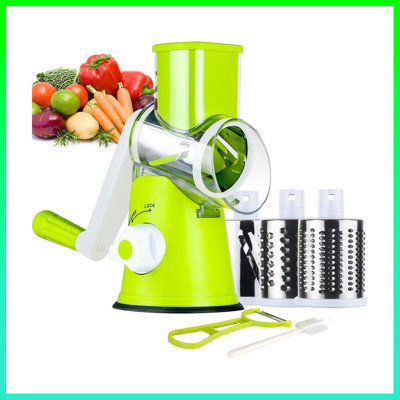 3-In-1 Rotary Cheese Grater – Hand Crank Kitchen Shredder For Cheese, Veggies, Nuts & More! Fast, Easy & Fun – Includes 5 Blades For Slicing, Shredding & Grating， Green