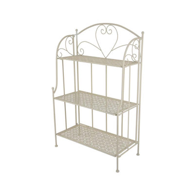 Modern Plant Stand With 3 Tier Shelves, Scrolled Floral White Metal