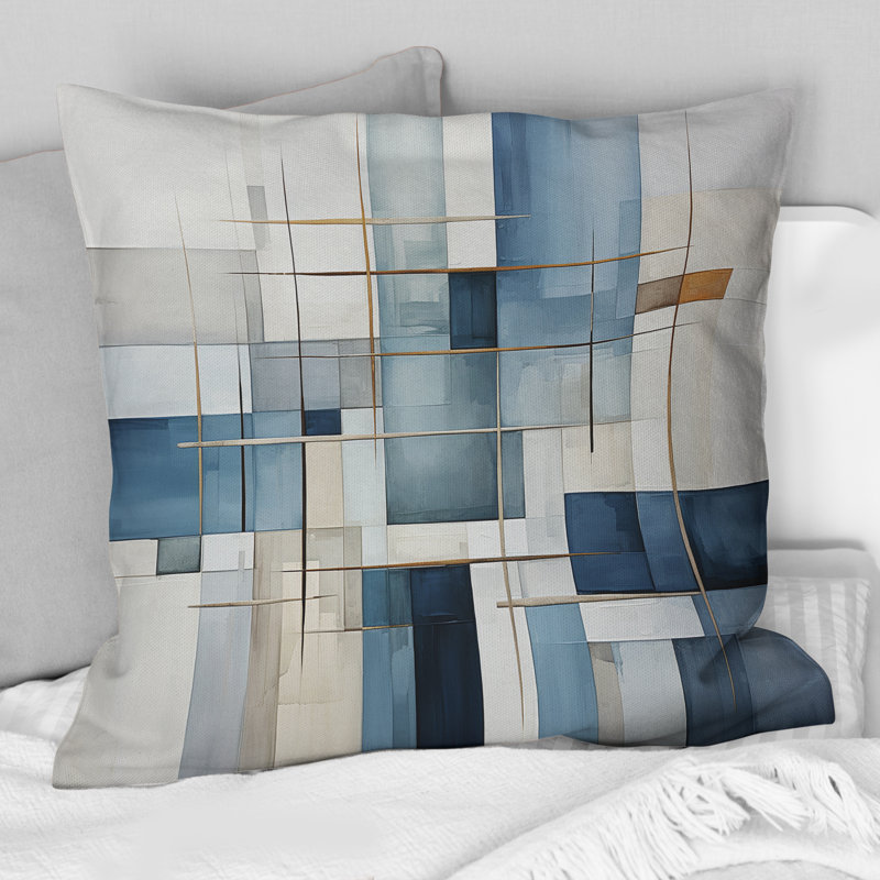 «Blue Grey Line Art Abstract Geometrics I» - Coussin décoratif imprimé, 16" x 16"