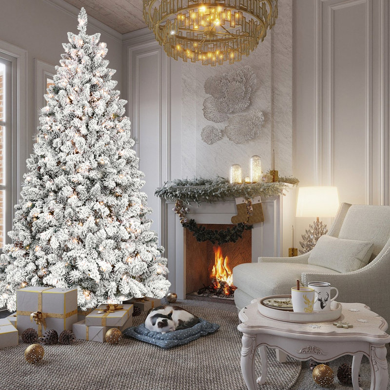 Arbre de Noël enneigé 8 pi avec 700 lumières Ul, 54 pins, pointes enneigées, structure à charnières 1754, support en métal robuste pour l'apparence des Fêtes d'hiver, feuillage véritable, design, décoration de base stable