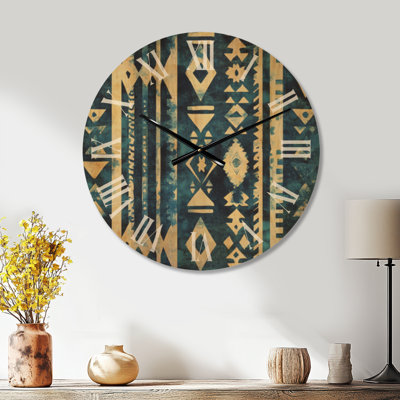 Très grande horloge murale tribale en bois - motif tribal indigo