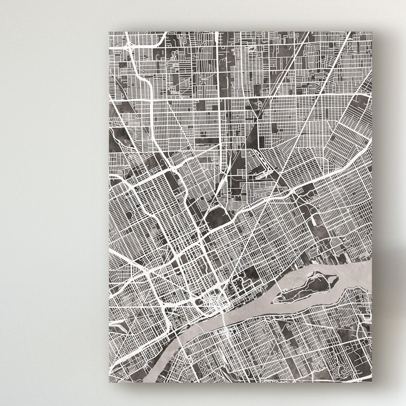 « détroit michigan city map black », impression sur toile tendue, H 19 po x l 14 po x P 2 po