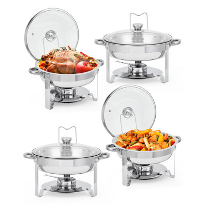 Chafing Dishes for Buffet Set of 4, 5 QT Round Buffet Servers and Food Warmer Set with Glass Lid, Silver