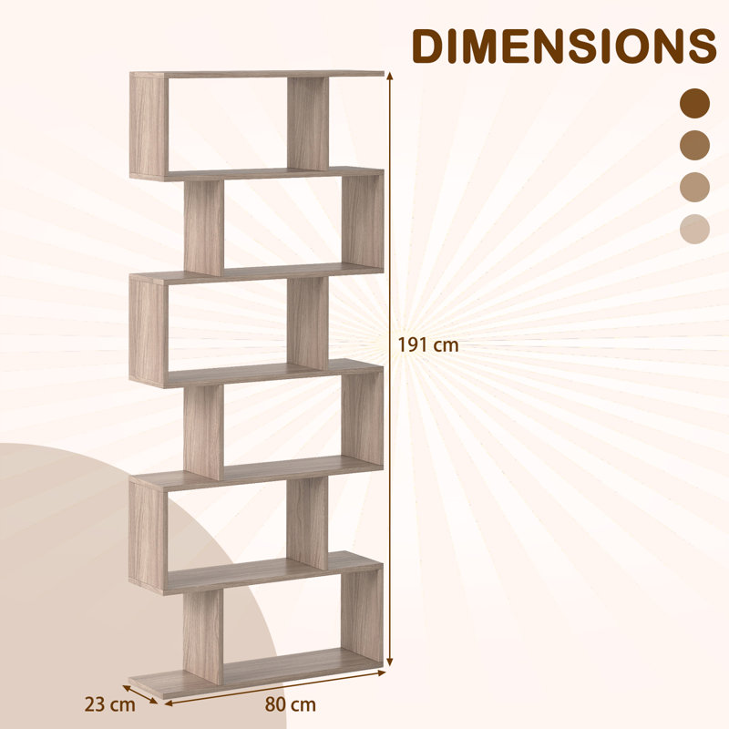 Bookcase Free Standing S-Shaped Style Bookshelf Multifunctional Decorative Shelving W/ Anti-Tipping Device, Grey