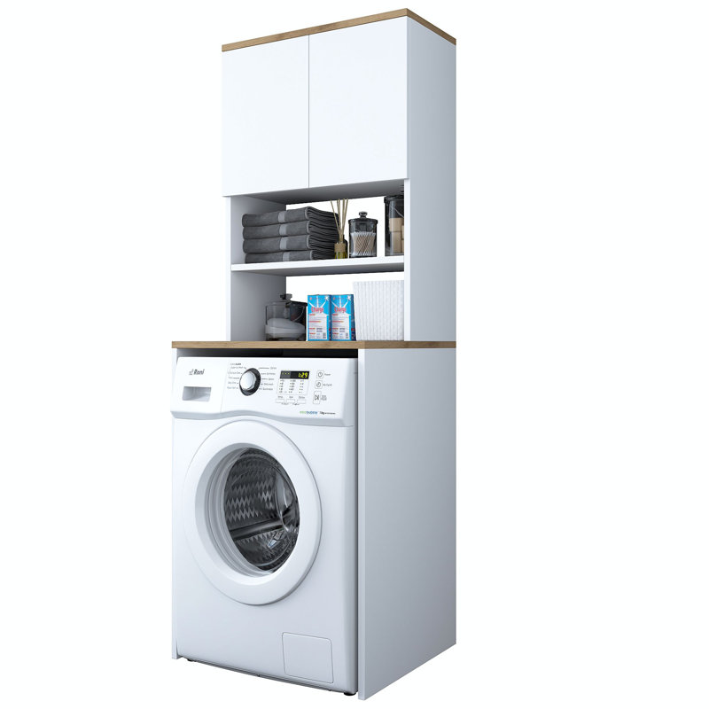 Armoire à laver moderne avec bibliothèque, blanc et noyer, 25,6 po x 72,2 po x 23,6 po Modern | 100% panneau de particules enduit de mélamine, épaisseur: 0,7 pouce | Nombreuses tablettes, fixation murale, rangement supplémentaire pour la salle de lavage et l'organisation à la maison