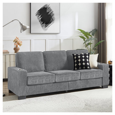 83.86"Corduroy Fabric Sofa,Modern Compressed Couch,3-Seater Sofa, Furniture For Living Room,Bedroom,Office ,Gray